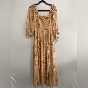 Aakaa Beige Floral Long Sleeve Dress